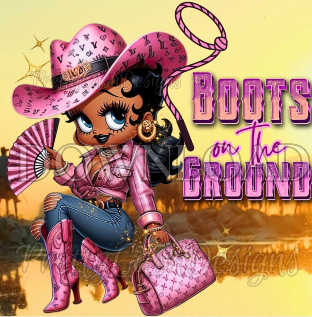 Pink Cowgirl Betty Boop PNG, Boots on the Ground with Glitter Hat Digital Western Clipart