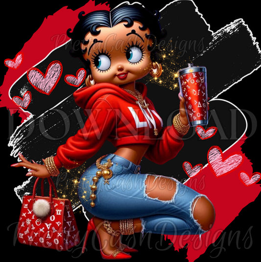 Red Betty Boop PNG | Classy Cartoon Kneeling Pose in LV Hoodie & Heels | High-Res Afrocentric Tumbler Clipart Design