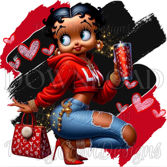 Red Betty Boop PNG | Classy Cartoon Kneeling Pose in LV Hoodie & Heels | High-Res Afrocentric Tumbler Clipart Design