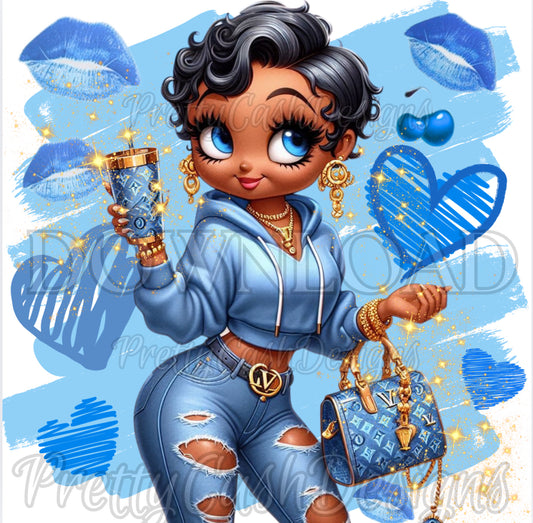 💙Blue Betty Boop PNG | Classy Cartoon Baddie in Ripped Jeans & Designer Hoodie | High-Resolution Tumbler Wrap Clipart