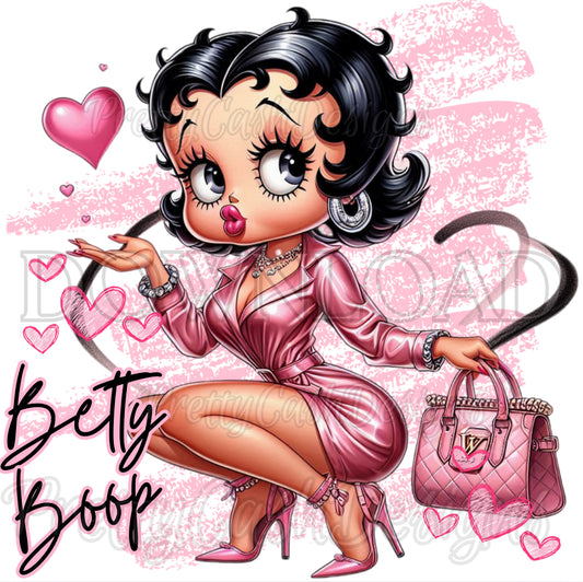 Pink Glam Betty Boop PNG | Cartoon Diva in Satin Wrap Dress, Heels & Quilted Designer Bag | High-Resolution Clipart for Shirts, Tumblers & More