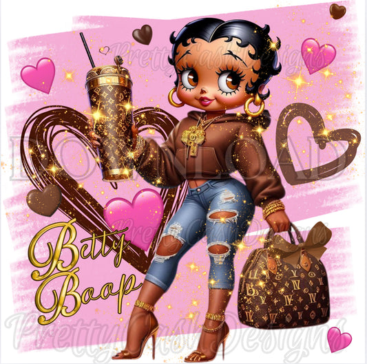 💖Brown Betty Boop PNG | Classy Cartoon Diva in Gold Heels, Ripped Jeans & Luxury Hoodie | High-Resolution Afrocentric Fashion Clipart