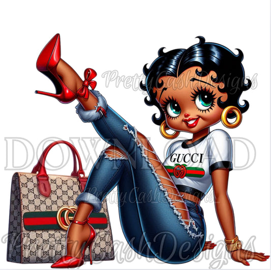 Leg Kick Betty Boop PNG | Designer Gucci Tee, Ripped Jeans & Red Heels | High-Res Cartoon Baddie Clipart for Shirts & Tumblers
