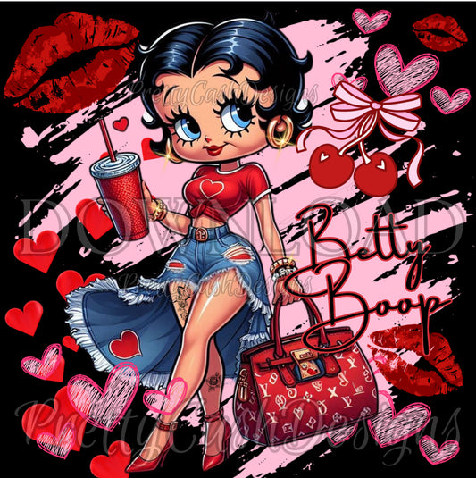 Pink Red Betty Boop PNG | Cartoon Fashion Baddie in Denim Slit Skirt, Heart Top & Designer Heels | High-Res Clipart for Tumbler & Shirt Designs