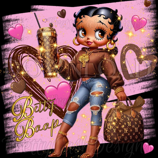💖Brown Betty Boop PNG | Classy Cartoon Diva in Gold Heels, Ripped Jeans & Luxury Hoodie | High-Resolution Afrocentric Fashion Clipart