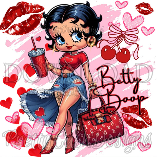 Pink Red Betty Boop PNG | Cartoon Fashion Baddie in Denim Slit Skirt, Heart Top & Designer Heels | High-Res Clipart for Tumbler & Shirt Designs