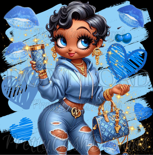 💙Blue Betty Boop PNG | Classy Cartoon Baddie in Ripped Jeans & Designer Hoodie | High-Resolution Tumbler Wrap Clipart