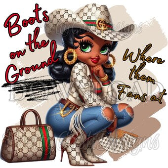 Luxury Cowgirl PNG – “Boots on the Ground” Black Baddie in Gucci-Inspired Western Outfit with Fan – Digital Download for Rodeo Shirts, Tumbler Wraps & Merch
