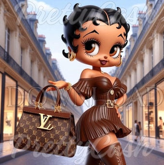Paris Runway Betty Boop PNG – Chocolate Brown Luxury Dress with LV Purse, Curvy Black Baddie Cartoon – High Fashion Digital Download for T-Shirts, Tumbler Wraps & Merch