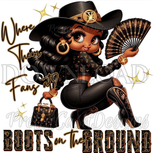 Luxury Cowgirl PNG – “Boots on the Ground” Black Baddie in Gucci-Inspired Western Outfit with Fan – Digital Download for Rodeo Shirts, Tumbler Wraps & Merch (Copy)
