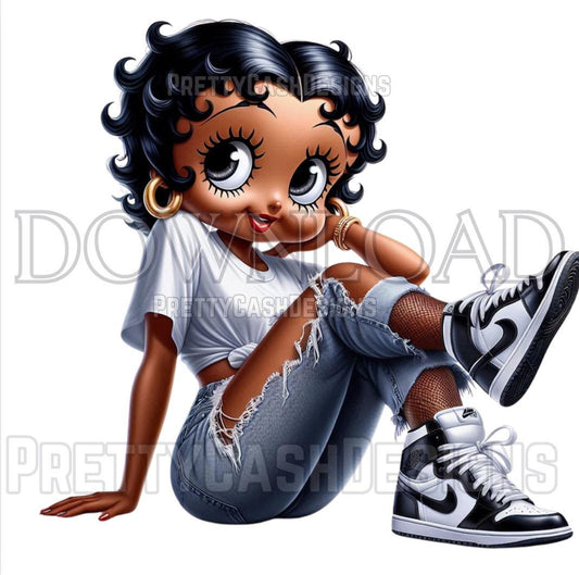 Black Betty Boop PNG – Sporty Black & White Jordan 1s, Ripped Jeans & Tee | High Resolution Digital Download