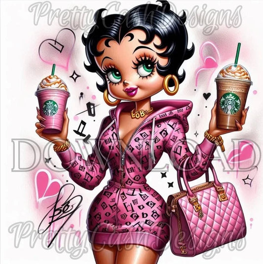 Boujee Betty Boop in Pink Tracksuit PNG, Starbucks Coffee Clipart for Girly Sublimation