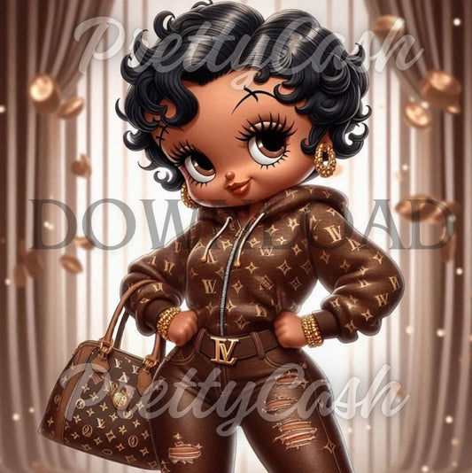 Jazzy Brown Betty Boop PNG, Fall Fashion Clipart with Curls and Gold Designer Set