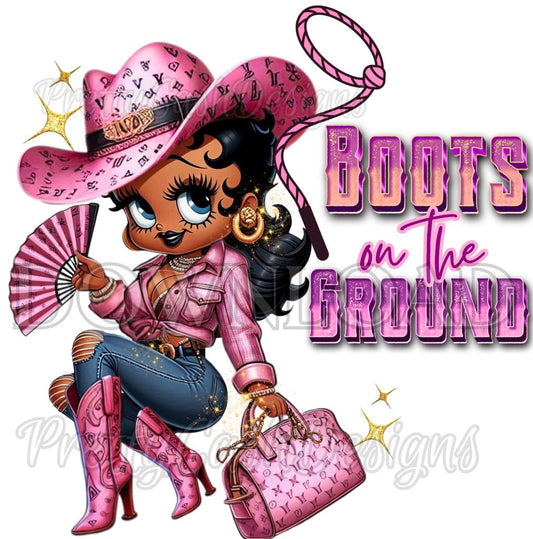 Pink Cowgirl Betty Boop PNG, Boots on the Ground with Glitter Hat Digital Western Clipart