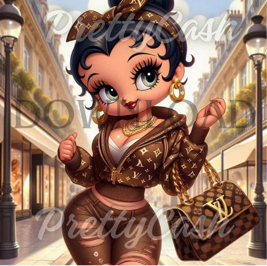 Paris Shopping Betty Boop PNG, Gold Designer Outfit Clipart for Sublimation Crafts