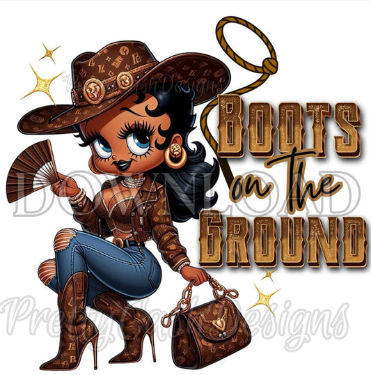 Black Cowgirl Betty Boop PNG, LV Outfit, Boots on the Ground with Glitter Hat Digital Western Clipart