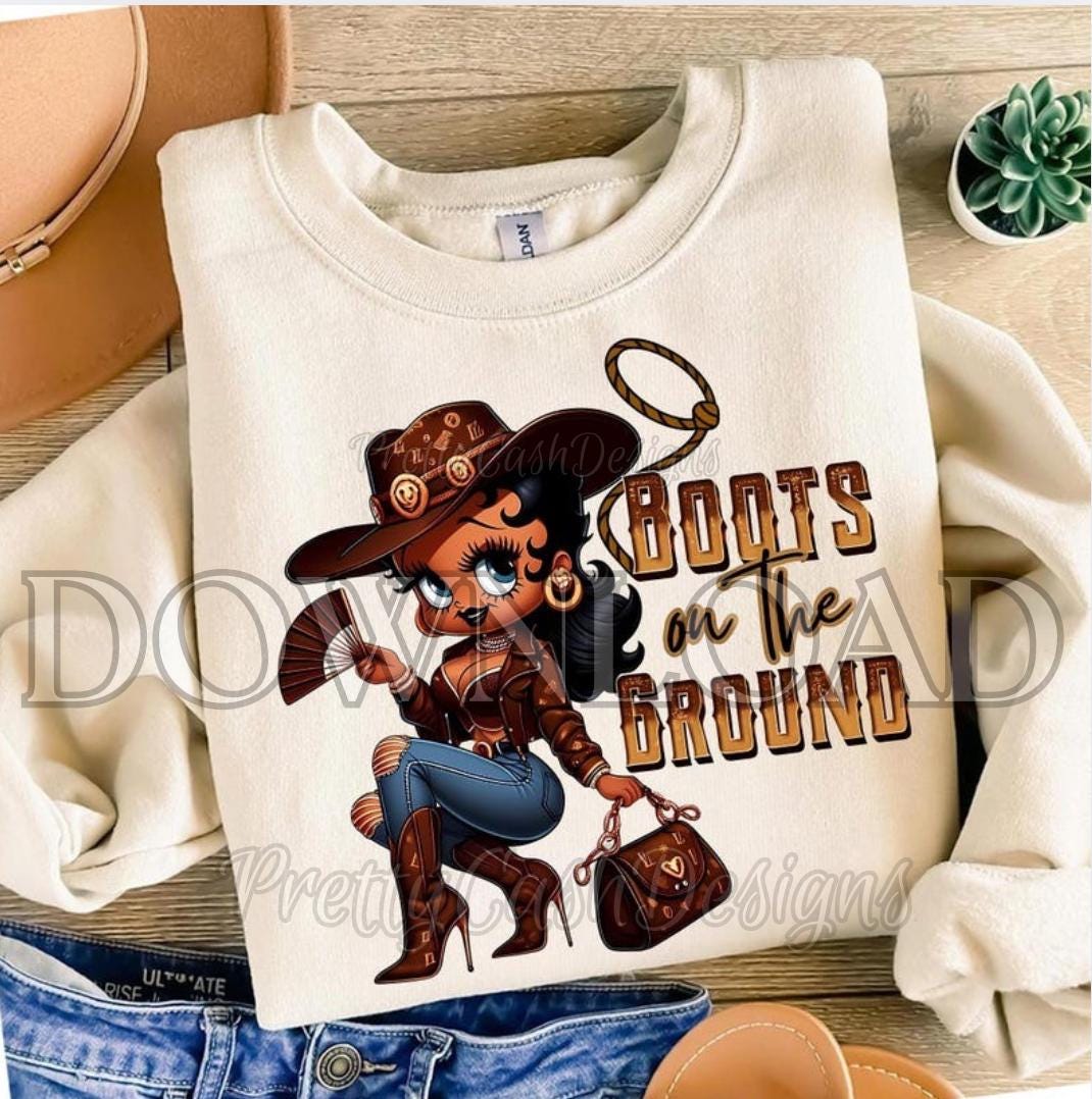 Black Cowgirl Betty Boop PNG, LV Outfit, Boots on the Ground with Glitter Hat Digital Western Clipart