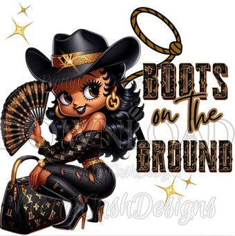 Black Cowgirl Betty Boop PNG, Black Jacket LV Outfit, Boots on the Ground with Glitter Hat Digital Western Clipart