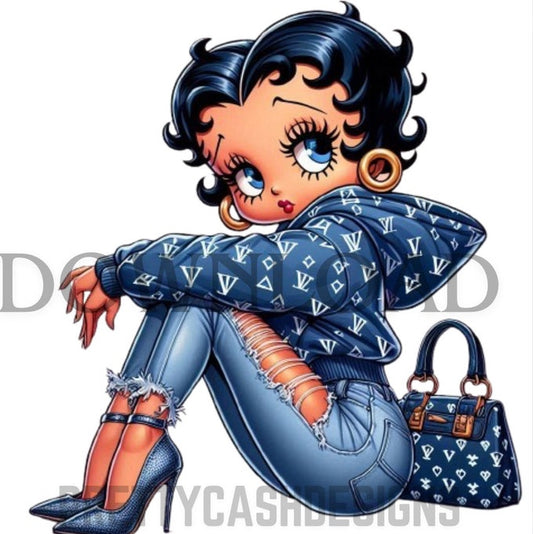 Boujee Betty Boop Blue Outfit PNG, Designer Digital Art with Purse and Heels, Black Girl Magic Sublimation Download