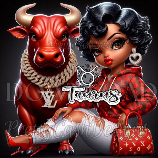 ♉ Red Taurus Betty Boop PNG – Bold Red LV Hoodie, Zodiac Bull, Red Heels, Astrology PNG for Sublimation, DTF, Tumblers, Shirts